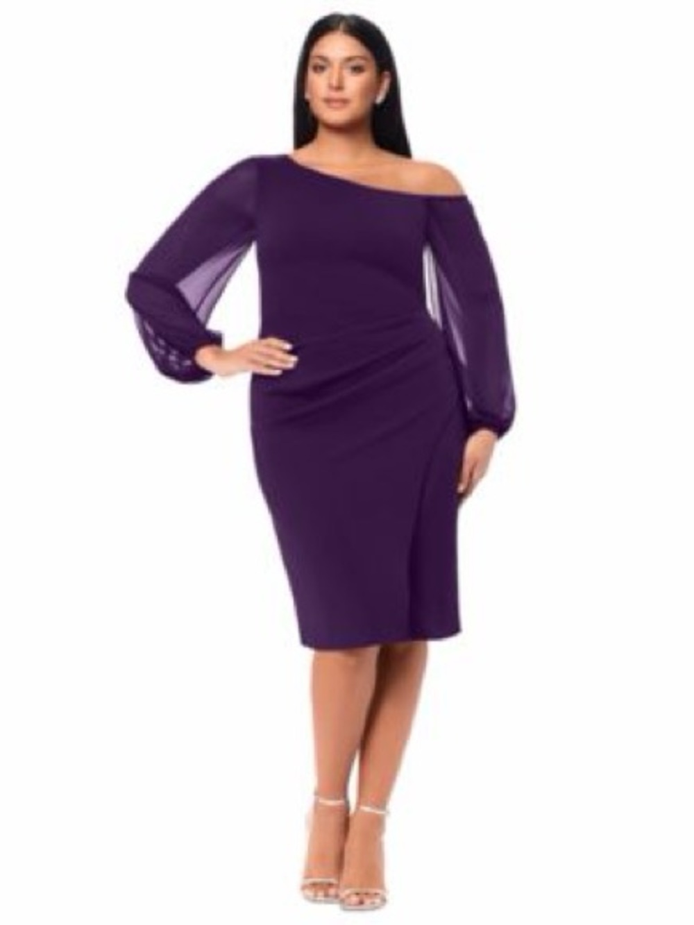 Betsy & Adam Purple One-Shoulder Sheer Sleeve Dress — Size 16 NWT